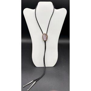 Vtg Bolo Tie Native American Purple Agate Leather Lace Sterling Silver Bullet